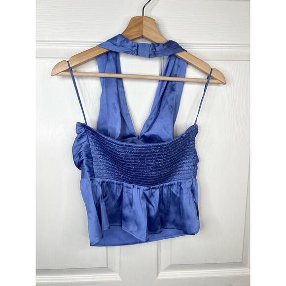 French Connection Blue Satin Halter Top Womens Size XS Smocked back - Picture 2 of 11